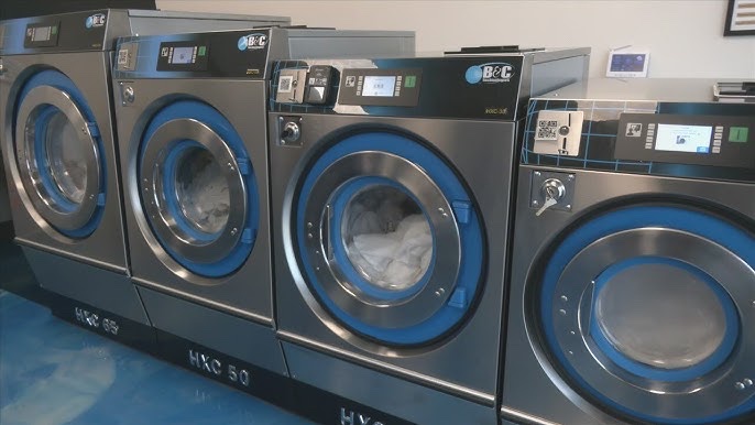 Row of B&C Technologies high-capacity washers at a New Jersey laundromat